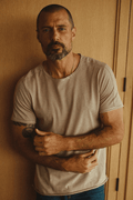 Men's Cotton Raw Edge Patch Sleeve Stripe Tee